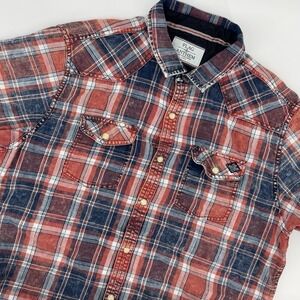 Flag & Anthem Mens Large Plaid Western Snap Shirt Red Blue Vintage Wash Festival